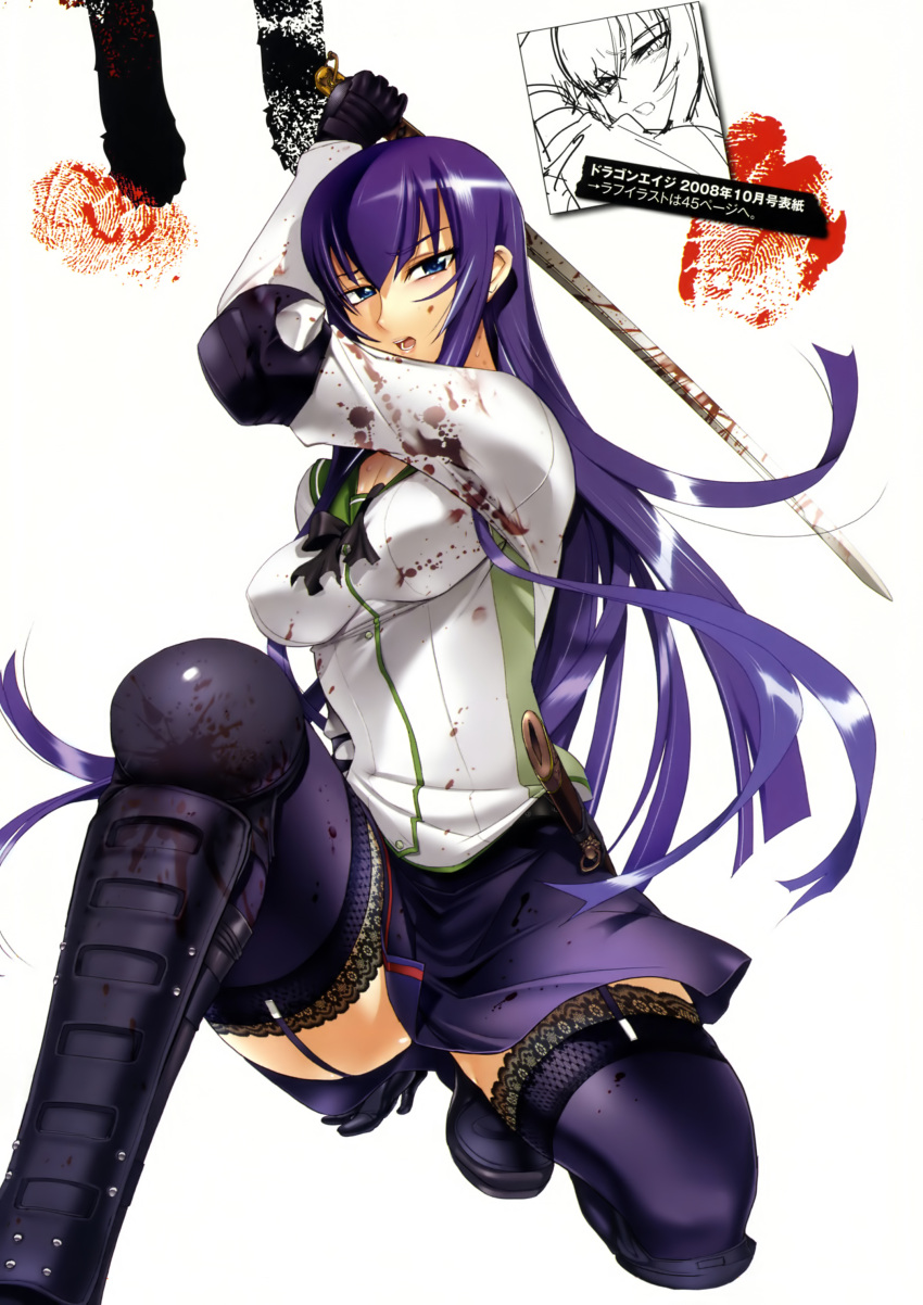 1girl absurdres blood blood_on_face bloody_clothes blue_eyes busujima_saeko garter_straps gauntlets highres highschool_of_the_dead katana kneeling looking_at_viewer miniskirt open_mouth purple_hair satou_shouji school_uniform serafuku shin_guards skirt solo sword thigh-highs weapon