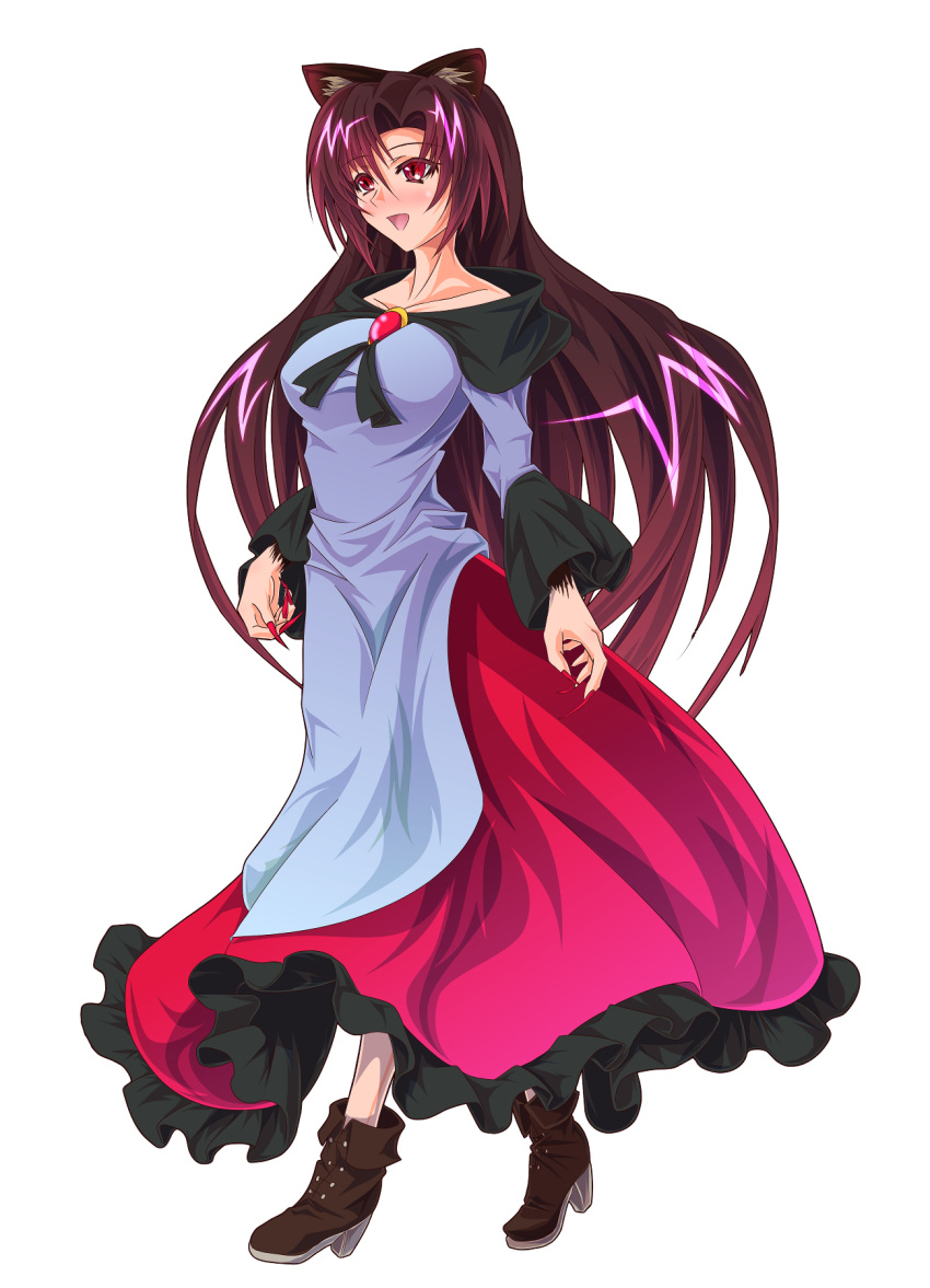 1girl animal_ears blush breasts brooch brown_hair collarbone dress fingernails fur highres imaizumi_kagerou jewelry large_breasts long_fingernails long_hair looking_away nail_polish open_mouth red_eyes shiny shiny_hair simple_background solo touhou white_background wolf_ears zephid