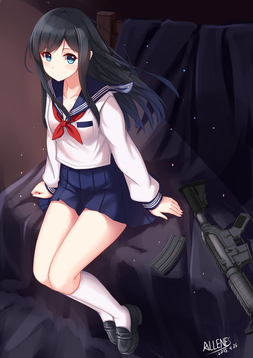 1girl 2015 absurdres allenes artist_name assault_rifle black_hair black_shoes blue_eyes breasts collarbone dated female full_body gun highres knees_touching light_particles loafers long_hair long_sleeves looking_at_viewer m4_carbine magazine_(weapon) miniskirt neckerchief original pleated_skirt rifle school_uniform serafuku shoes sitting skirt small_breasts socks solo weapon white_legwear