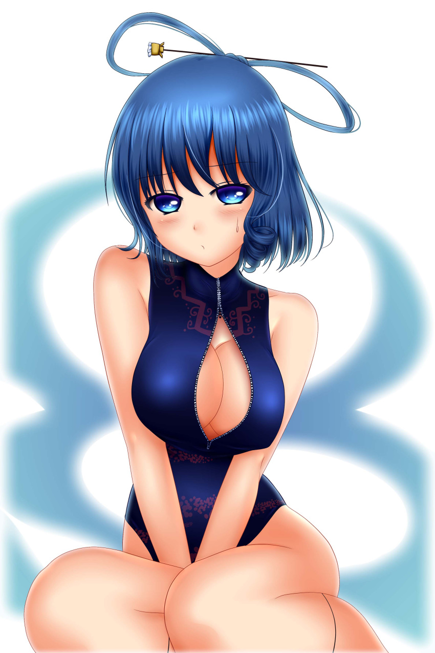 1girl absurdres blue_eyes blue_hair breast_squeeze breasts center_opening cleavage cowboy_shot front_zipper_swimsuit hair_ornament hair_rings hair_stick highres kaku_seiga large_breasts one-piece_swimsuit shounen_(hogehoge) simple_background solo sweatdrop swimsuit touhou v_arms white_background