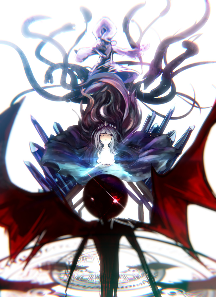 2girls crown deemo deemo_(character) dress girl_(deemo) highres hood masked_lady_(deemo) mono-devoid multiple_girls open_mouth shining songover tears wings