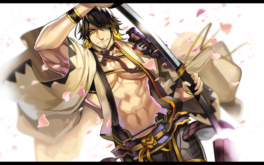 1boy abs facial_hair japanese_clothes katana male_focus multicolored_hair nagasone_kotetsu nekoma_tatsuki open_clothes petals sheath smile sode stubble sword touken_ranbu two-tone_hair unsheathing weapon yellow_eyes