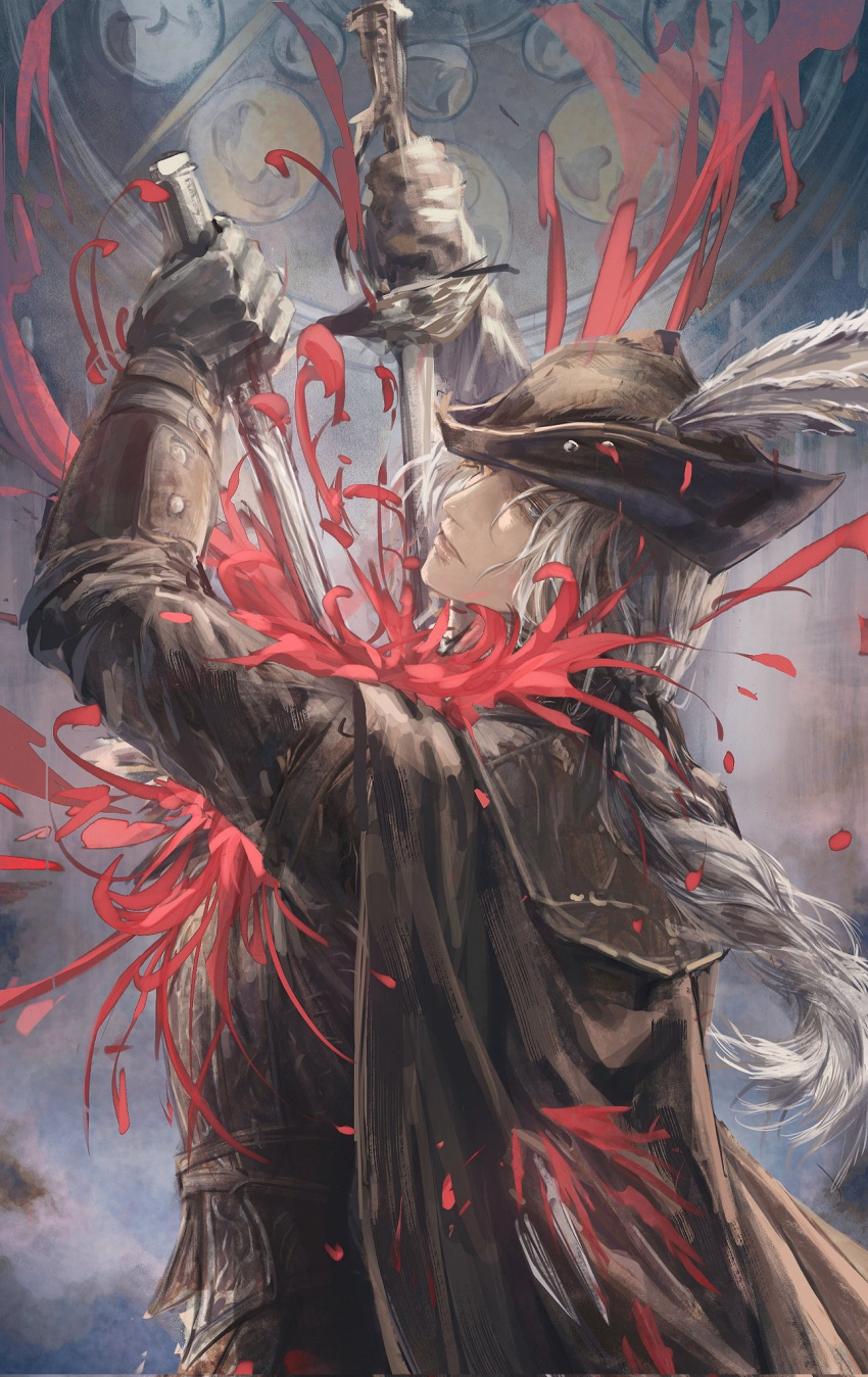 1girl arms_up baiyeju8 black_cape black_gloves black_headwear blood bloodborne blue_eyes braid braided_ponytail cape chinese_commentary commentary_request dual_wielding expressionless from_behind gloves grey_hair hair_ribbon hat hat_feather highres holding holding_sword holding_weapon lady_maria_of_the_astral_clocktower long_hair looking_at_viewer looking_back parted_lips realistic ribbon self-harm single_braid solo stab sword tricorne upper_body weapon