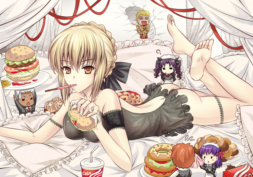 3boys 3girls absurdres archer ass barefoot blonde_hair coca-cola doughnut eating emiya_shirou fate/stay_night fate_(series) feet food gilgamesh highres hte222 looking_at_viewer matou_sakura mouth_hold multiple_boys multiple_girls on_bed pocky saber saber_alter sandwich soles toes toosaka_rin yellow_eyes