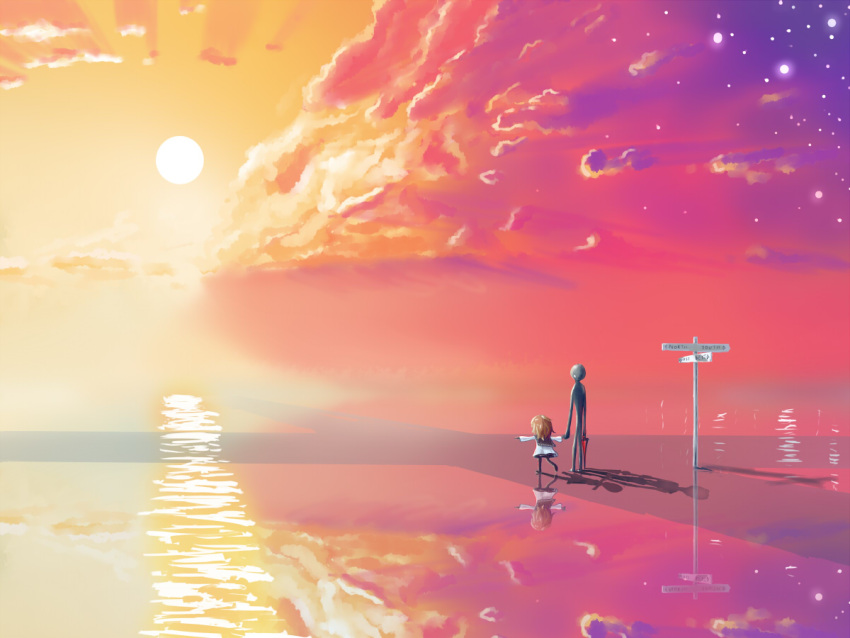 1girl deemo deemo_(character) different_reflection fuujin_(sajinnarashi) girl_(deemo) holding_hands outstretched_arms pointing reflection shadow signpost sky spoilers spread_arms sun sunset water