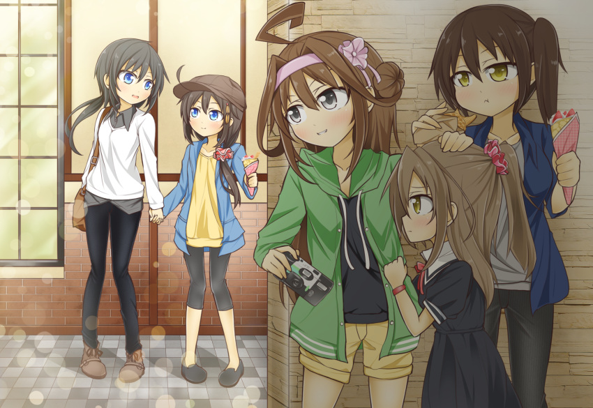 5girls :t ahoge alternate_costume black_dress black_hair blue_eyes braid brown_eyes brown_hair camera casual commentary_request double_bun dress eating female_admiral_(kantai_collection) hair_ornament hair_over_shoulder hat highres holding_hands kaga_(kantai_collection) kantai_collection kongou_(kantai_collection) long_hair multiple_girls ponytail shigure_(kantai_collection) short_hair short_sleeves shorts side_ponytail single_braid smile wataru_(nextlevel) zuihou_(kantai_collection)