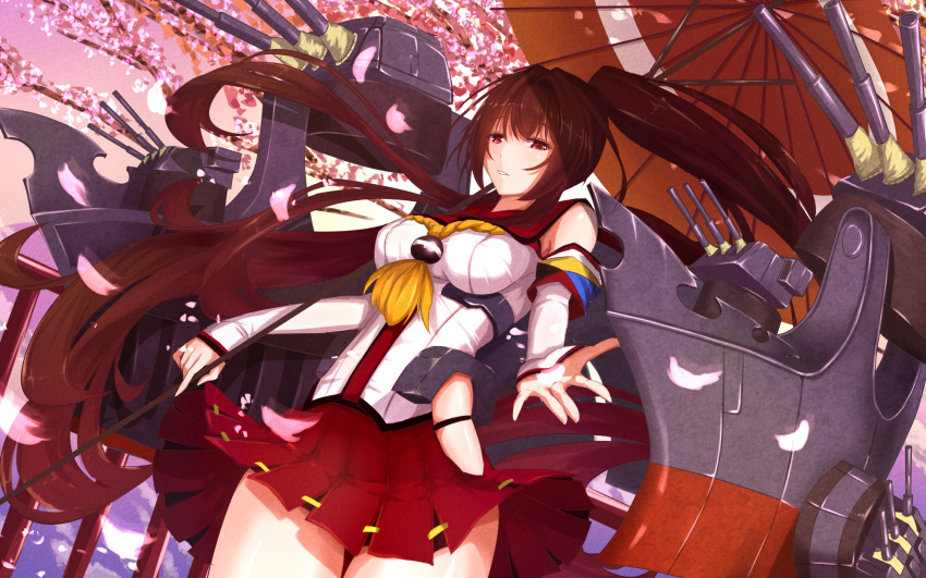 1girl \||/ bakanoe breasts brown_eyes brown_hair cherry_blossoms cherry_trees cowboy_shot detached_sleeves hair_ornament highres kantai_collection large_breasts long_hair mecha_musume oriental_umbrella outstretched_hand parted_lips pink_sky ponytail railing solo thigh_gap umbrella very_long_hair wind_lift yamato_(kantai_collection)
