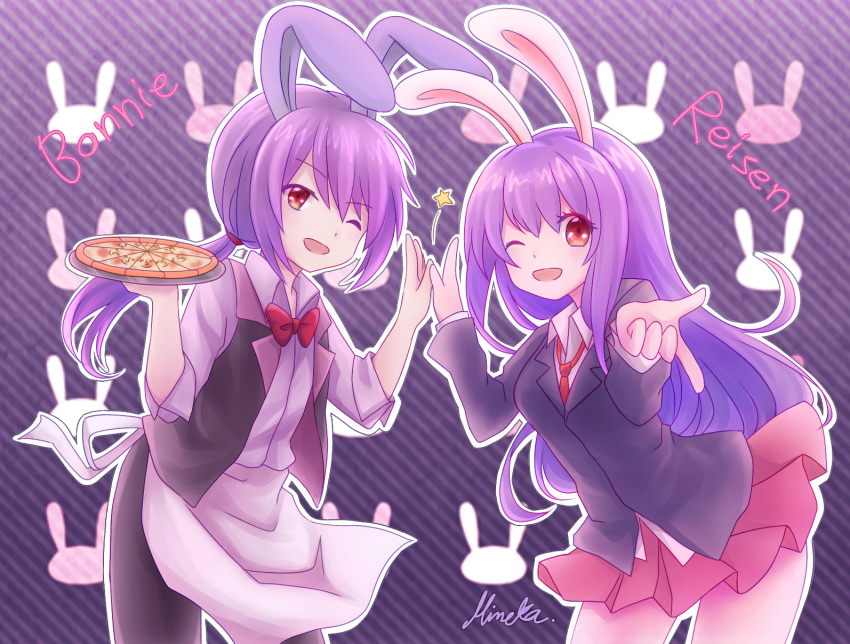 1girl ;d androgynous animal_ears apron artist_name bangs blazer blouse bonnie_(fnaf) bowtie character_name cowboy_shot crossover five_nights_at_freddy's food hair_between_eyes hands_together highres leaning_forward long_hair long_sleeves looking_at_viewer low_ponytail moeno_himeka necktie one_eye_closed open_mouth personification pink_hair pizza pleated_skirt pointing pointing_at_viewer purple_background rabbit_ears red_eyes reisen_udongein_inaba shirt short_sleeves signature skirt sleeves_folded_up smile star striped striped_background tareme touhou trait_connection tray waist_apron