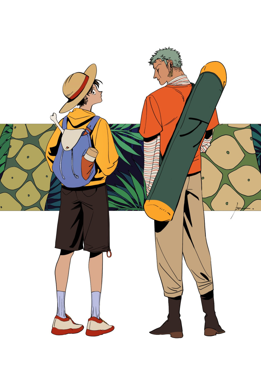 2boys alternate_costume back backpack bag beast_romance black_eyes black_hair earrings from_behind full_body green_hair hat highres jewelry looking_at_viewer looking_back male_focus monkey_d._luffy multiple_boys one_piece roronoa_zoro scar scar_across_eye scar_on_cheek scar_on_face short_hair sideburns single_earring straw_hat white_background