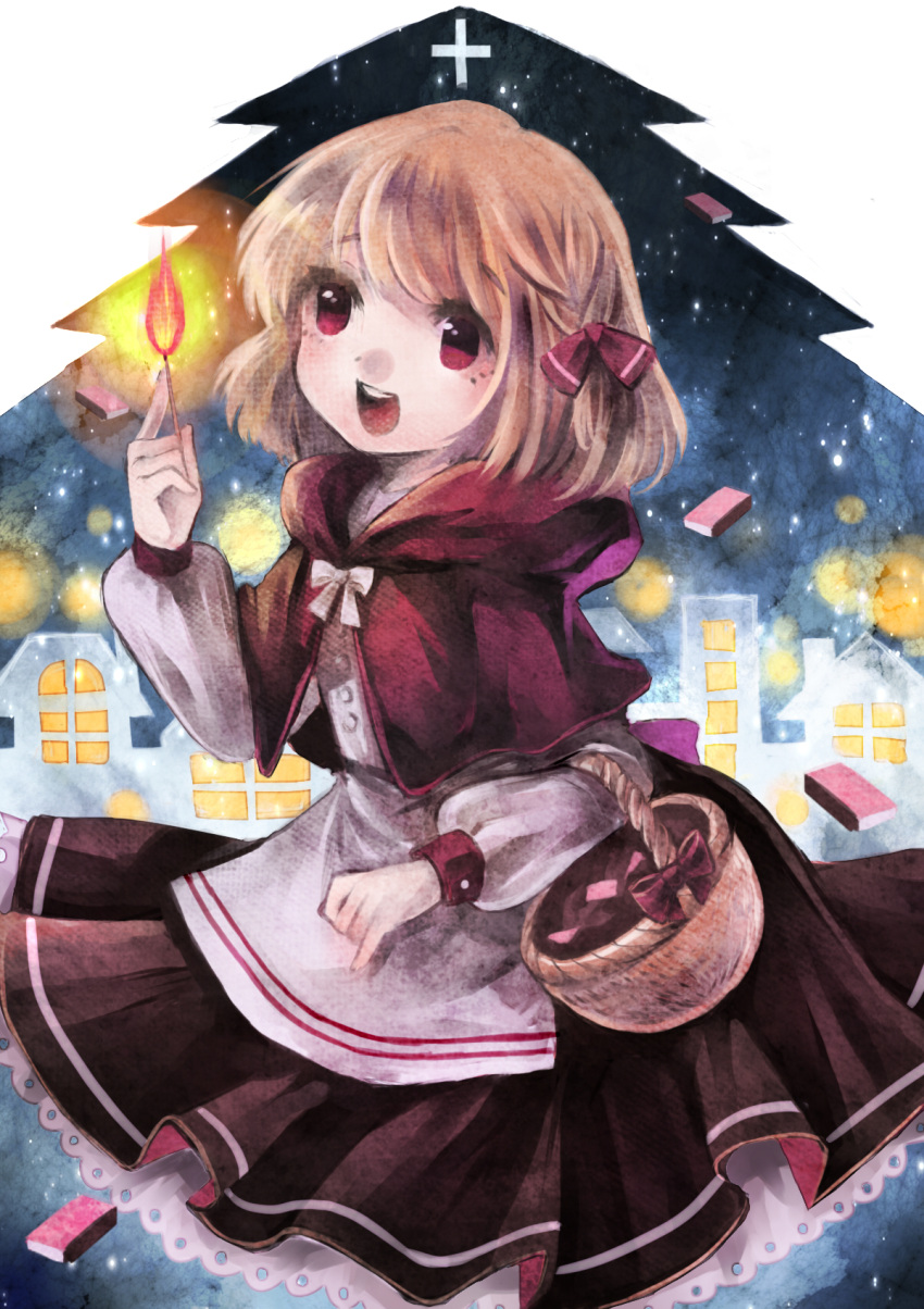 1girl basket blonde_hair cross facing_away faux_traditional_media flame hair_ribbon highres layered_dress little_match_girl long_sleeves matchbox matches open_mouth parody pinky_out red_eyes ribbon rumia sanso shawl short_hair sky solo star_(sky) starry_sky touhou town