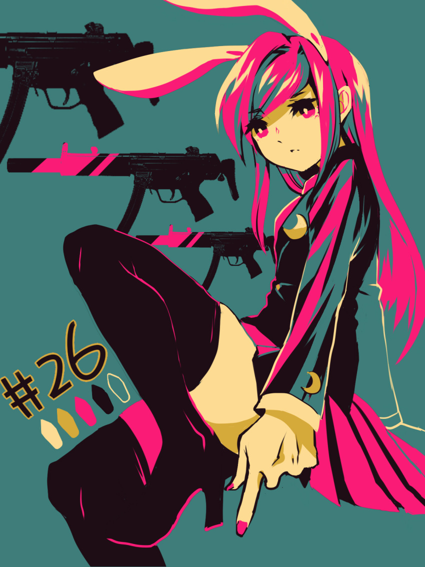 1girl animal_ears bangs black_boots blazer blue_background boots crescent_moon crescent_moon_pin ears expressionless finger_gun fingernails gun highres limited_palette long_hair long_sleeves moon nail_polish numbered pink_eyes pink_hair pink_skirt rabbit_ears reisen_udongein_inaba sanso simple_background skirt solo thigh-highs thigh_boots touhou weapon