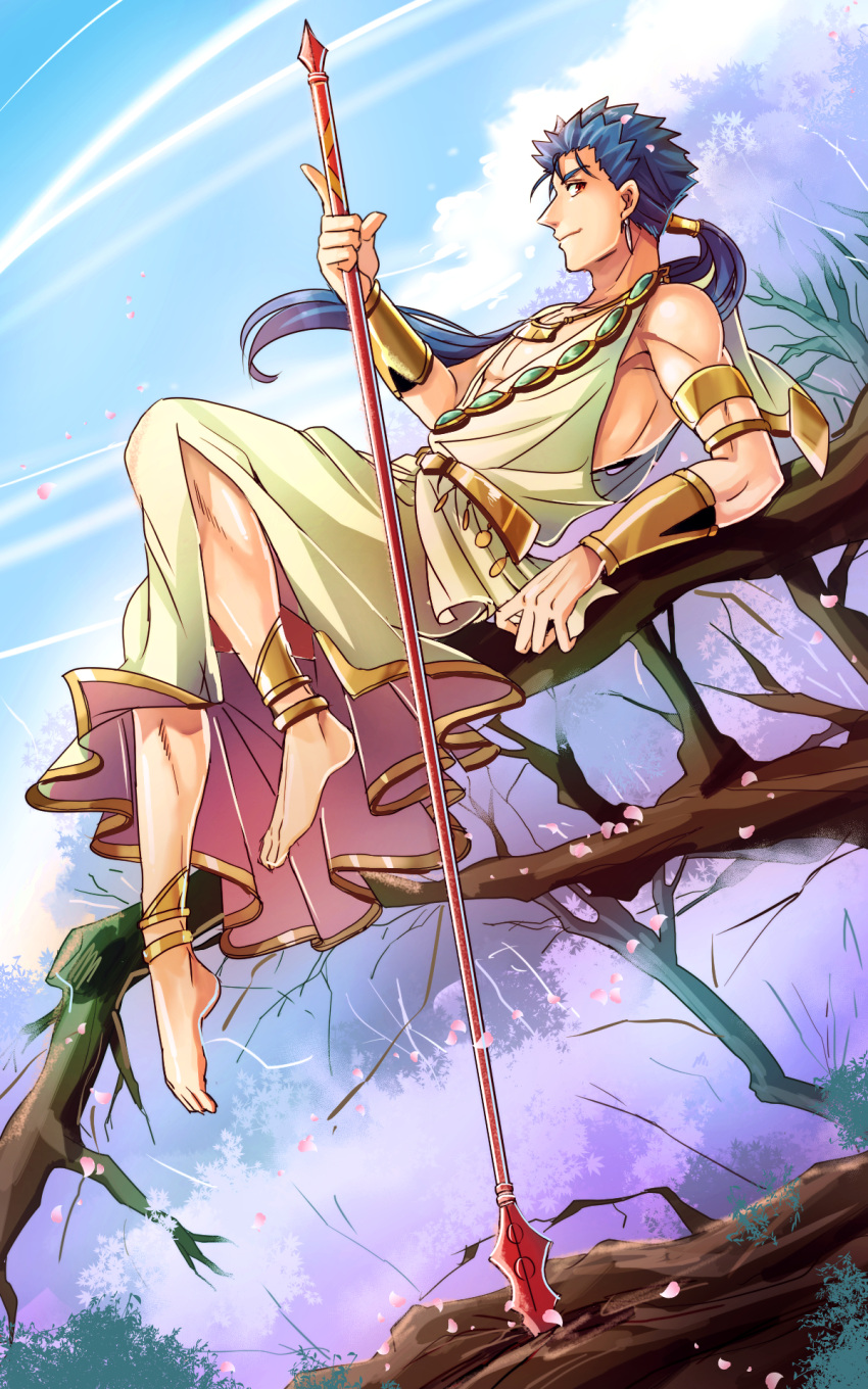 1boy armlet barefoot blue_hair bracelet earrings fate/stay_night fate_(series) gae_bolg highres jewelry lancer long_hair male_focus necklace polearm ponytail red_eyes shimo_(s_kaminaka) sitting solo spear toga tree weapon