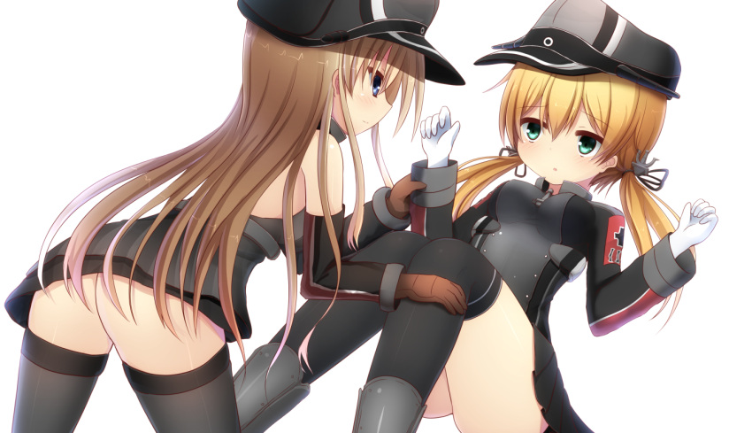2girls anchor_hair_ornament ass bare_shoulders bismarck_(kantai_collection) black_legwear black_skirt brown_gloves detached_sleeves dress gloves green_eyes grey_dress grey_legwear hair_ornament hat hionhk kantai_collection long_hair low_twintails military military_hat military_uniform multiple_girls peaked_cap pleated_skirt prinz_eugen_(kantai_collection) simple_background skirt thigh-highs twintails uniform white_background