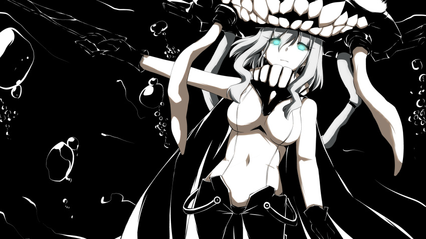 1girl black_background blue_eyes bodysuit breasts bubble cape covered_navel gloves glowing glowing_eyes headgear highres kantai_collection long_hair moja4192 outstretched_arm pale_skin shinkaisei-kan silver_hair solo tentacles upper_body wo-class_aircraft_carrier