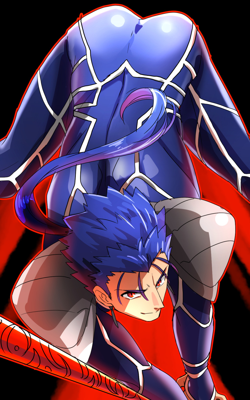 1boy ass blue_hair fate/stay_night fate_(series) gae_bolg highres lancer polearm ponytail red_eyes shimo_(s_kaminaka) solo spear squatting weapon