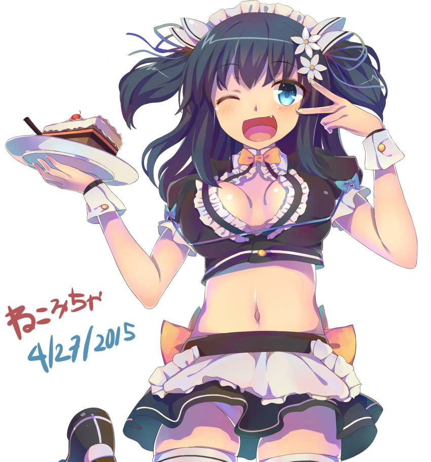 1girl blue_eyes breasts cake cleavage cleavage_cutout dated fang food green_hair highres holding maid maid_headdress midriff navel nekomicha one_eye_closed original panties pantyshot plate rei_no_himo skirt thigh-highs two_side_up underwear white_panties wrist_cuffs