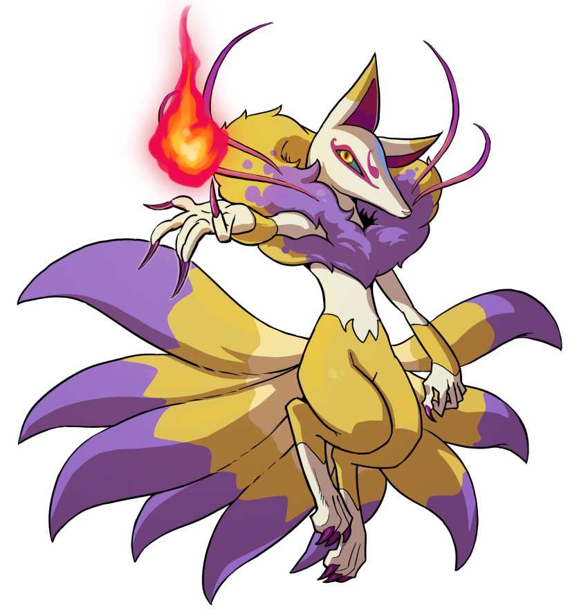 absurdres artist_request fingernails flame fox_tail full_body green_sclera highres kyuubi kyuubi_(youkai_watch) long_fingernails multiple_tails nail_polish no_humans official_art purple_nails simple_background solo tail white_background yellow_eyes youkai youkai_watch