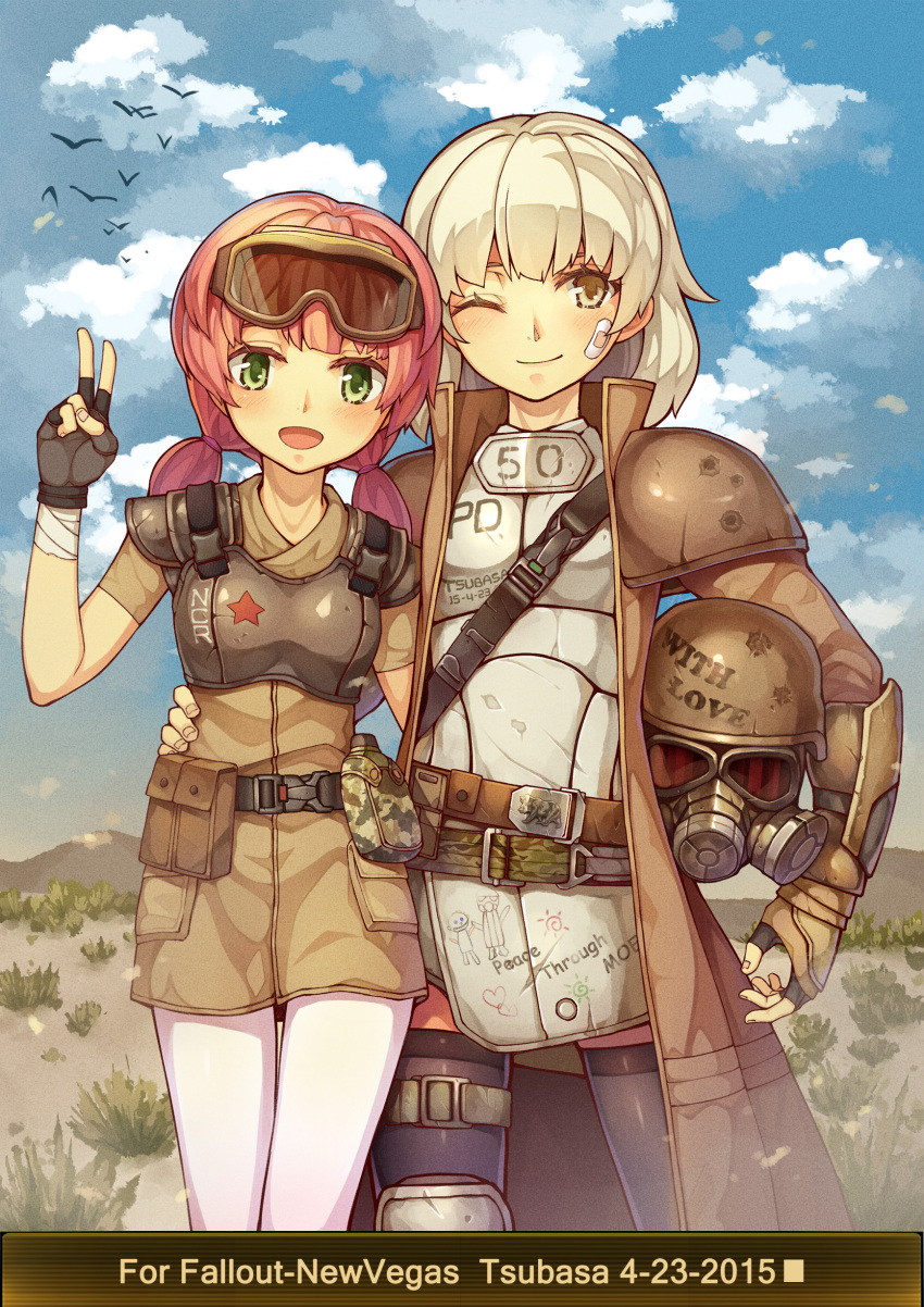 2girls absurdres arm_guards armor bandages bandaid belt bird blonde_hair brown_eyes canteen clouds cloudy_sky dress fallout fallout_new_vegas fingerless_gloves gloves goggles goggles_on_head green_eyes headwear_removed helmet helmet_removed highres hug long_hair multiple_girls ncr_veteran_ranger pantyhose pink_hair pouch short_hair sky tagme thigh-highs twintails v zettai_ryouiki