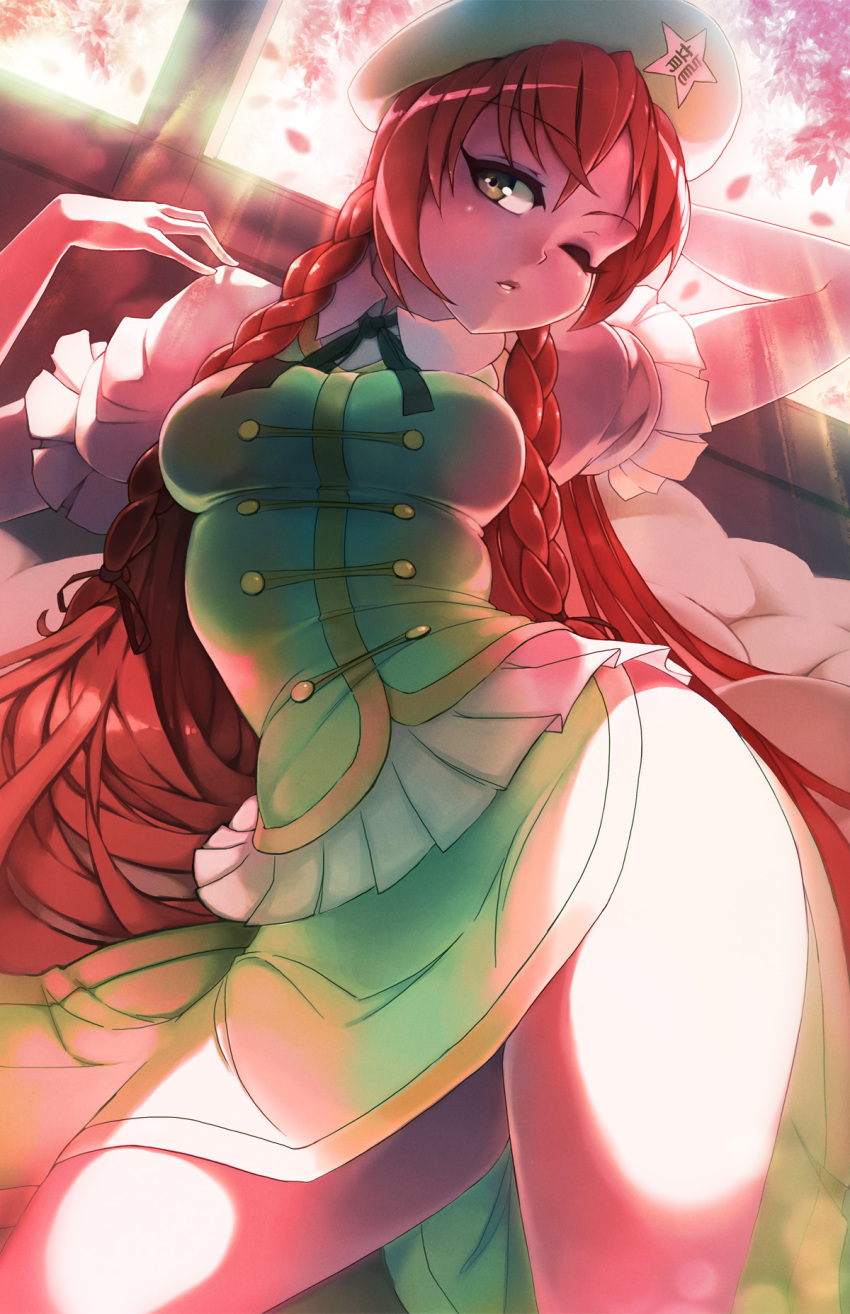 1girl beret braid breasts chinese_clothes contrapposto cowboy_shot hat highres hong_meiling long_hair one_eye_closed puffy_sleeves red_eyes redhead rtil side_braid side_slit skirt skirt_set solo star sunset thighs touhou twin_braids wide_hips
