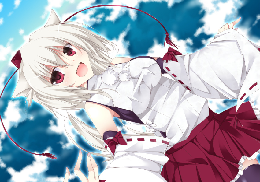 1girl animal_ears bare_shoulders black_legwear breasts detached_sleeves fang happy hat highres impossible_clothes inubashiri_momiji large_breasts looking_at_viewer nagikaze_ouka open_mouth pom_pom_(clothes) red_eyes ribbon-trimmed_sleeves ribbon_trim short_hair silver_hair sky solo tail thigh-highs tokin_hat touhou wolf_ears zettai_ryouiki