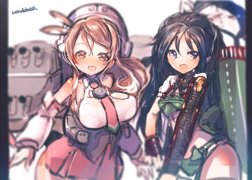 2girls :d artist_name bare_shoulders black_eyes blurry blush breasts brown_eyes brown_hair corset crop_top depth_of_field detached_sleeves hair_ornament hat highres kantai_collection katsuragi_(kantai_collection) littorio_(kantai_collection) long_hair looking_at_viewer machinery multiple_girls necktie open_mouth pillarboxed red_skirt remodel_(kantai_collection) rondo_bell skirt smile white_background