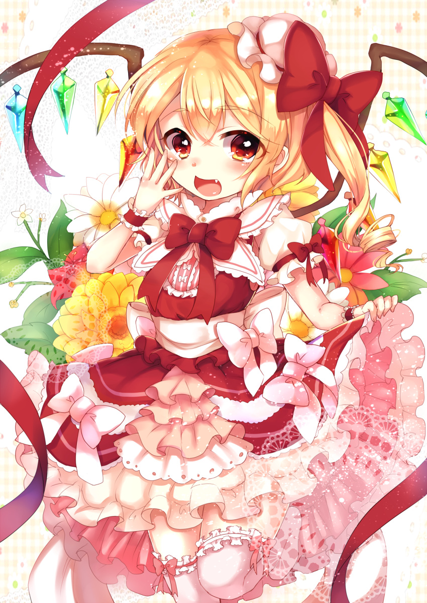 1girl blonde_hair bow fang flandre_scarlet flower highres looking_at_viewer mini_hat open_mouth paragasu_(parags112) puffy_short_sleeves puffy_sleeves red_eyes sash shirt short_sleeves side_ponytail skirt smile solo standing_on_one_leg thigh-highs touhou white_legwear wings wrist_cuffs zettai_ryouiki