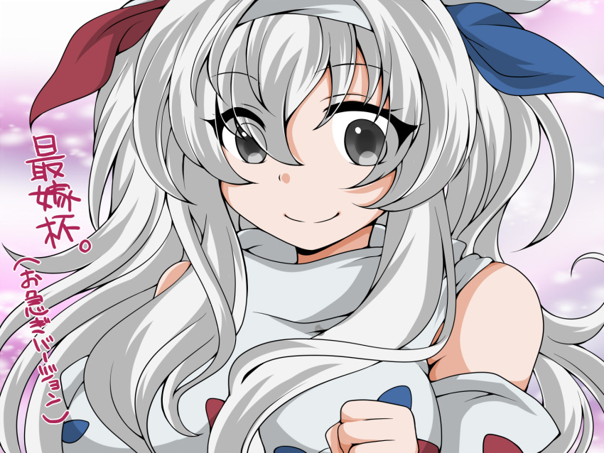 1girl bare_shoulders detached_sleeves grey_eyes hair_ribbon highres jenigata long_hair personification pokemon ribbon smile togekiss translation_request twintails white_hair
