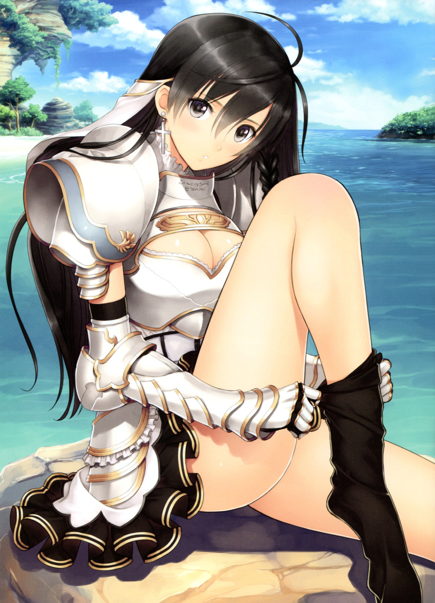 1girl absurdres armor black_hair black_legwear breastplate breasts cleavage cliff clouds cross earrings gauntlets highres jewelry long_hair looking_at_viewer parted_lips pauldrons scan shining_(series) shining_resonance sitting skirt sky solo sonia_blanche tanaka_takayuki thigh-highs water