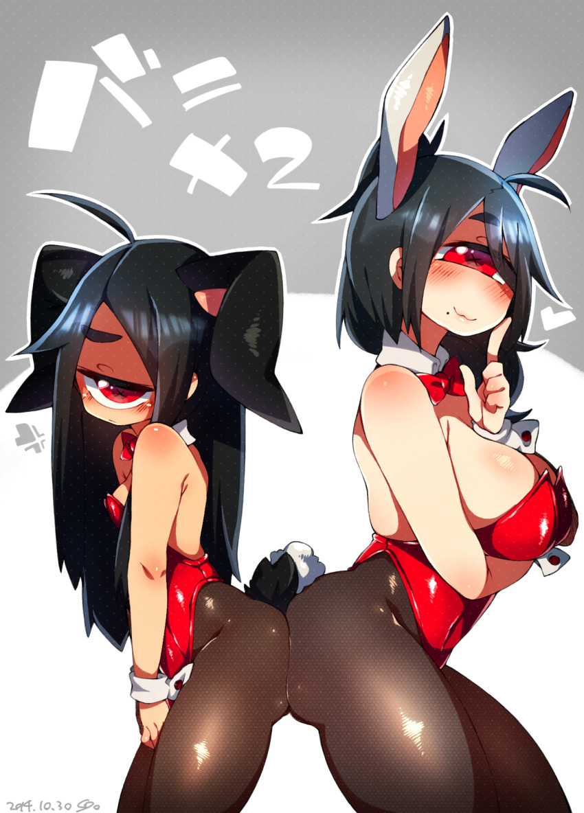 2girls animal_ears ass bare_shoulders black_legwear blush bow breasts bunny_tail bunnysuit cleavage cuffs cyclops detached_collar highres long_hair looking_at_viewer mole mole_under_mouth multiple_girls muroku_(aimichiyo0526) one-eyed original pantyhose ponytail rabbit_ears red_eyes small_breasts smile tail