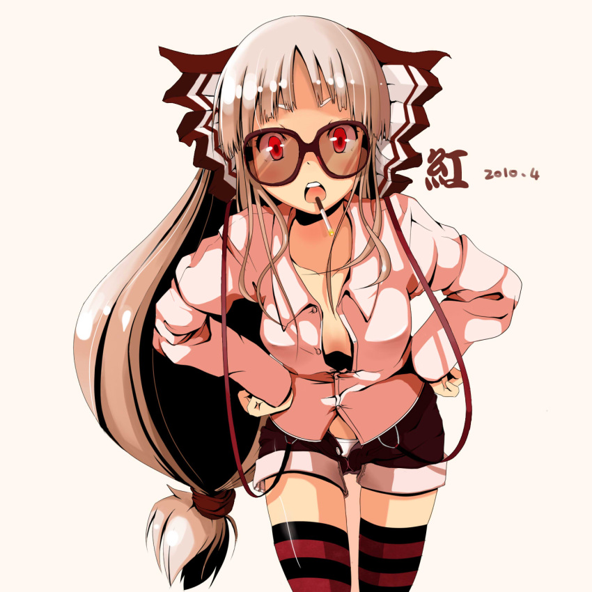 1girl bespectacled bow cigarette collarbone dated fujiwara_no_mokou glasses hair_bow highres leaning_forward long_hair looking_at_viewer open_clothes open_mouth open_shirt panties red_eyes rokusai shirt shorts simple_background solo striped striped_legwear suspenders touhou underwear very_long_hair white_hair white_panties