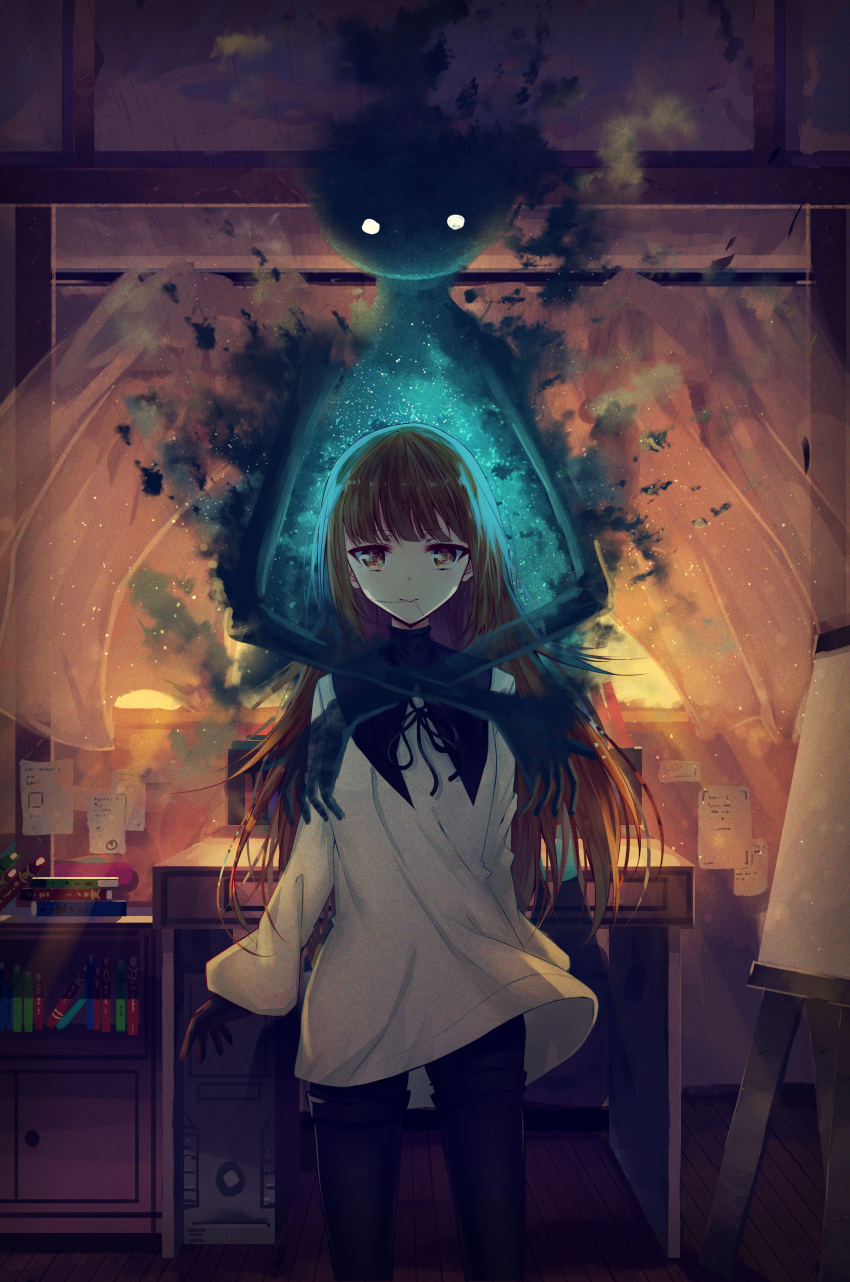 1girl absurdres blush brown_hair daikazoku63 deemo deemo_(character) girl_(deemo) hair_in_mouth highres hug hug_from_behind legwear_under_shorts looking_at_viewer room shorts standing table tears window