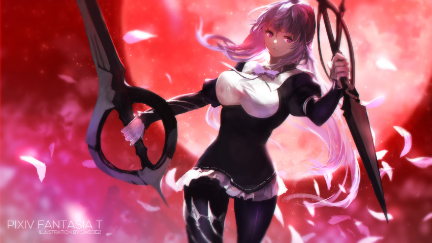 1girl breasts dual_wielding highres long_hair moon pantyhose pink_hair pixiv_fantasia pixiv_fantasia_t red_eyes red_moon solo swd3e2 weapon