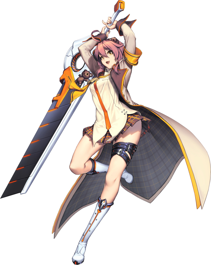 1girl boots chaos_online fang full_body highres huge_weapon love_cacao mazenda_(chaos_online) official_art open_mouth pink_hair pleated_skirt simple_background skirt solo stuffed_animal stuffed_toy teddy_bear teddy_bear_hair_ornament transparent_background weapon yellow_eyes
