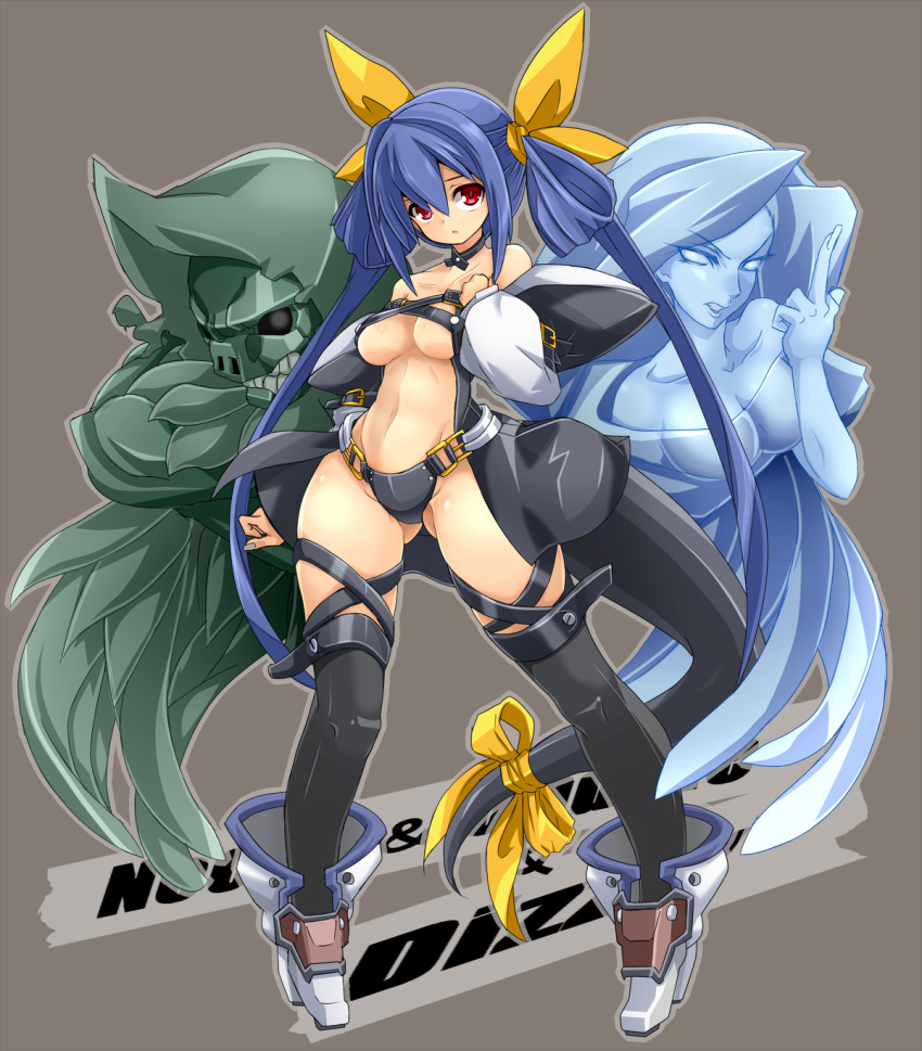 1girl asymmetrical_wings black_legwear blue_hair breasts character_name choker collarbone detached_sleeves dizzy feathered_wings feathers full_body green_wings guilty_gear hair_ribbon hair_rings highres karukan_(monjya) long_hair long_sleeves midriff navel necro open_mouth outline pigeon-toed red_eyes ribbon solo standing tail tail_ribbon thick_thighs thigh-highs thighs twintails under_boob undine_(guilty_gear) very_long_hair white_wings wings yellow_ribbon