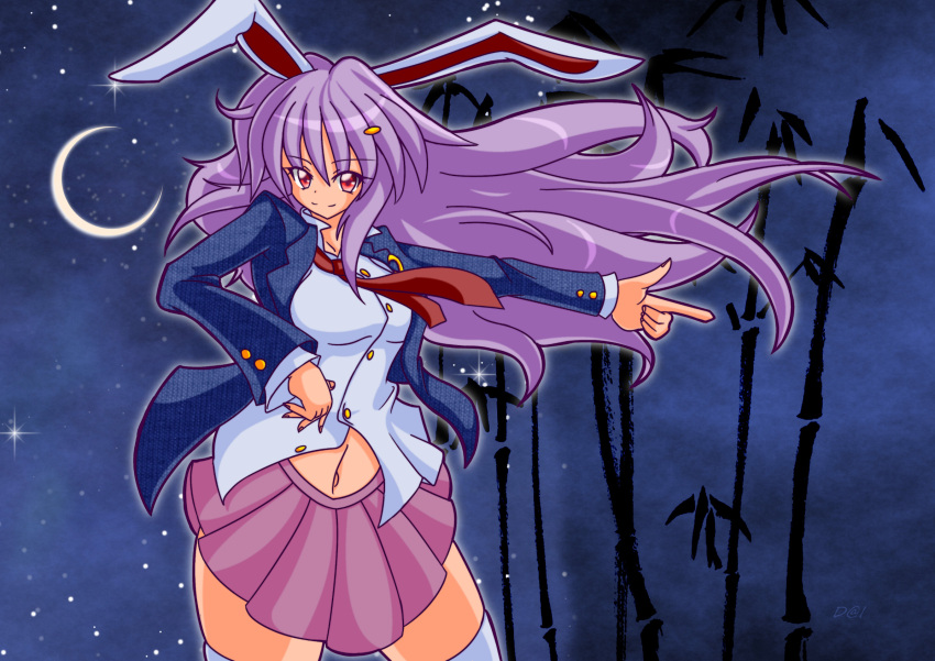 1girl animal_ears bad_hands bamboo blazer breasts crescent_moon crescent_moon_pin d@i_(stamp_delete) finger_gun highres legacy_of_lunatic_kingdom loose_necktie midriff moon navel necktie open_blazer open_clothes pink_skirt purple_hair rabbit_ears red_eyes reisen_udongein_inaba shirt skirt sky smile solo star_(sky) starry_sky thick_thighs thigh-highs thighs touhou untucked_shirt white_legwear wind