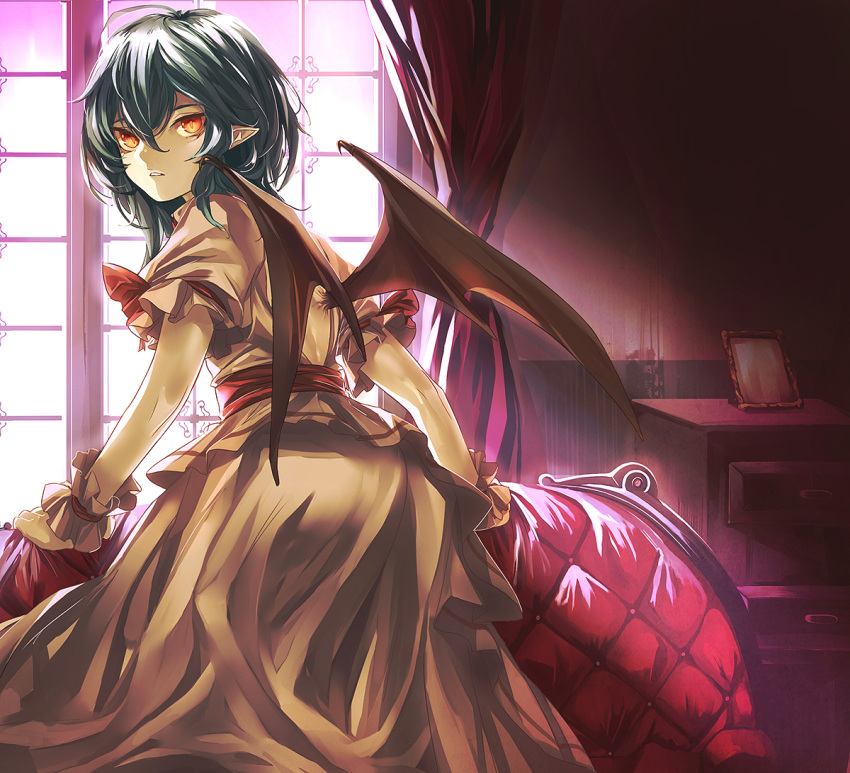 1girl amber_eyes aqua_hair bat_wings couch curtains dress eredhen glowing glowing_eyes looking_at_viewer looking_back pointy_ears puffy_short_sleeves puffy_sleeves remilia_scarlet sash short_sleeves solo touhou white_dress window wings wrist_cuffs