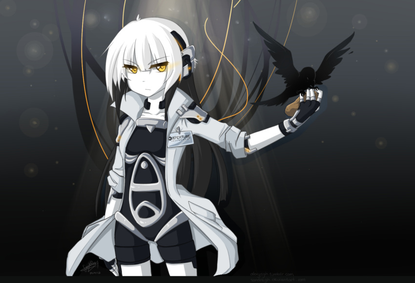1girl bird expressionless glados glowing glowing_eyes labcoat mecha_musume multicolored_hair pale_skin personification portal portal_2 potato sandragh yellow_eyes