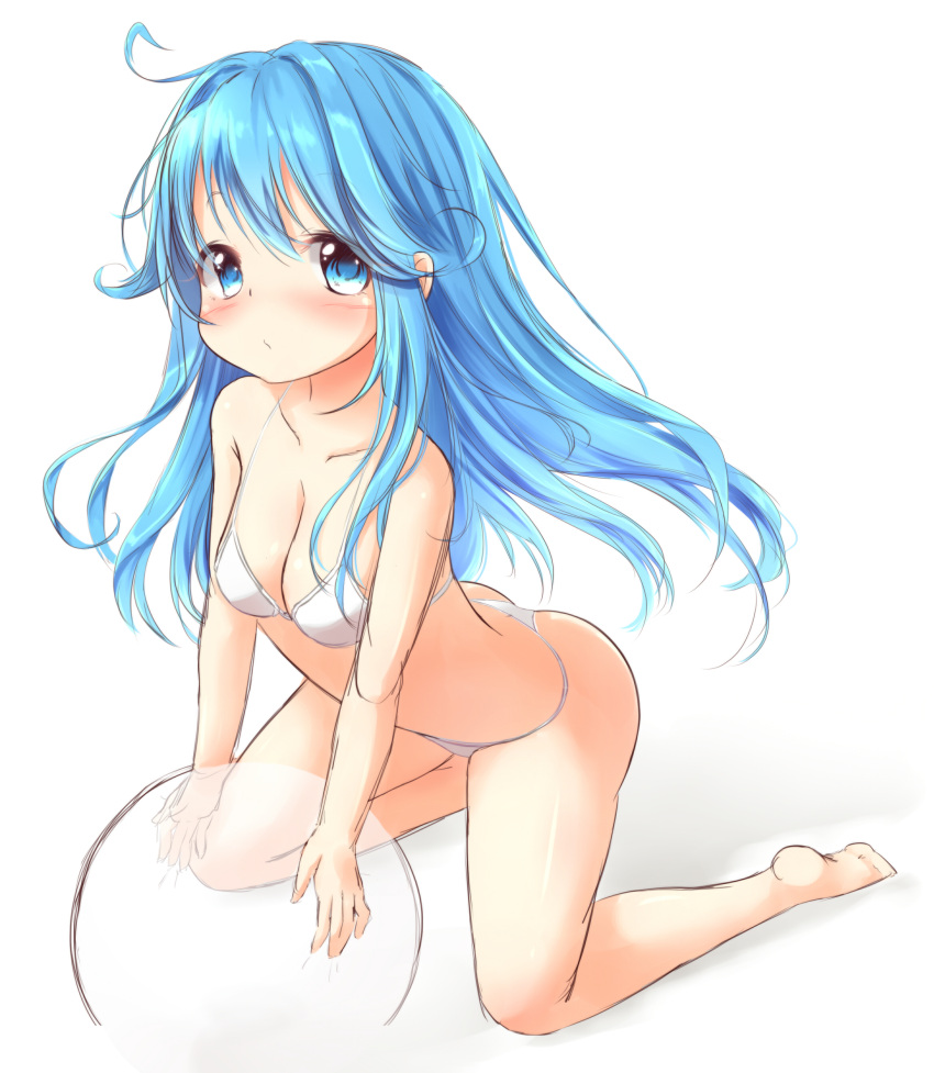 1girl absurdres ball bare_legs bare_shoulders barefoot beachball bikini blue_eyes blue_hair blush breasts highres kisa_(k_isa) kneeling long_hair looking_at_viewer open_mouth original simple_background solo swimsuit white_background