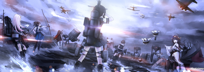 6+girls absurdres ahoge airplane akagi_(kantai_collection) arrow artist_name bare_shoulders blonde_hair bow_(weapon) brown_hair cannon character_request clouds escort_fortress_(kantai_collection) flight_deck fubuki_(kantai_collection) hakama_skirt headgear highres japanese_clothes kaga_(kantai_collection) kantai_collection kneehighs kongou_(kantai_collection) long_hair machinery magicians_(zhkahogigzkh) multiple_girls muneate nontraditional_miko pleated_skirt quiver school_uniform serafuku shigure_(kantai_collection) shinkaisei-kan short_ponytail skirt splashing standing standing_on_water taihou_(kantai_collection) thigh-highs turret weapon yugake yuudachi_(kantai_collection)