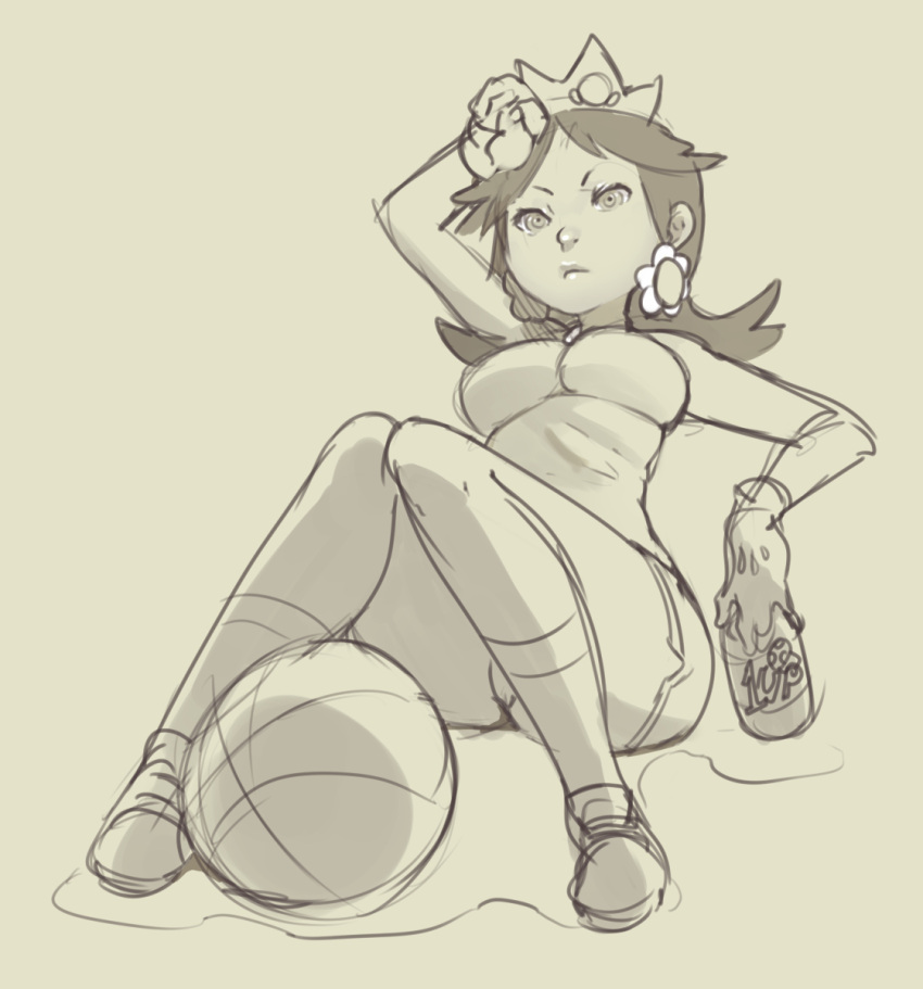 1girl 1up alternate_costume breasts crown earrings gloves highres jewelry long_hair mario_strikers_charged norasuko princess_daisy shoes shorts sitting sneakers socks solo wiping_sweat