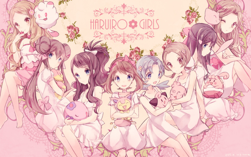 6+girls audino barefoot blonde_hair blue_(pokemon) blue_hair bow brown_hair cleffa crystal_(pokemon) double_bun dress flower hair_bow hair_flower hair_ornament happiny haruka_(pokemon) high_ponytail hikari_(pokemon) igglybuff kabocha_torute kotone_(pokemon) long_hair mei_(pokemon) mew multiple_girls munna pink pokemon pokemon_(creature) pokemon_(game) pokemon_bw pokemon_bw2 pokemon_dppt pokemon_frlg pokemon_gsc pokemon_hgss pokemon_oras pokemon_rse pokemon_xy serena_(pokemon) skitty swirlix touko_(pokemon) twintails two_side_up white_dress