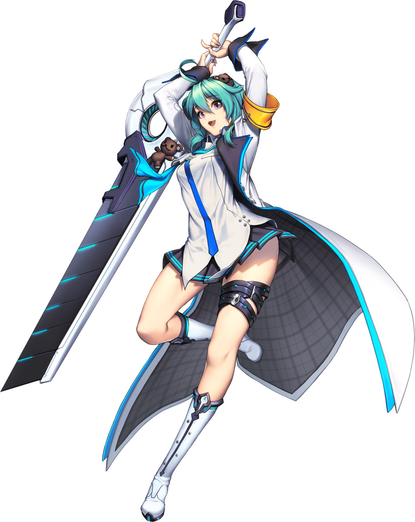 1girl aqua_hair boots chaos_online fang full_body highres huge_weapon love_cacao mazenda_(chaos_online) official_art open_mouth pleated_skirt simple_background skirt solo stuffed_animal stuffed_toy teddy_bear teddy_bear_hair_ornament transparent_background violet_eyes weapon