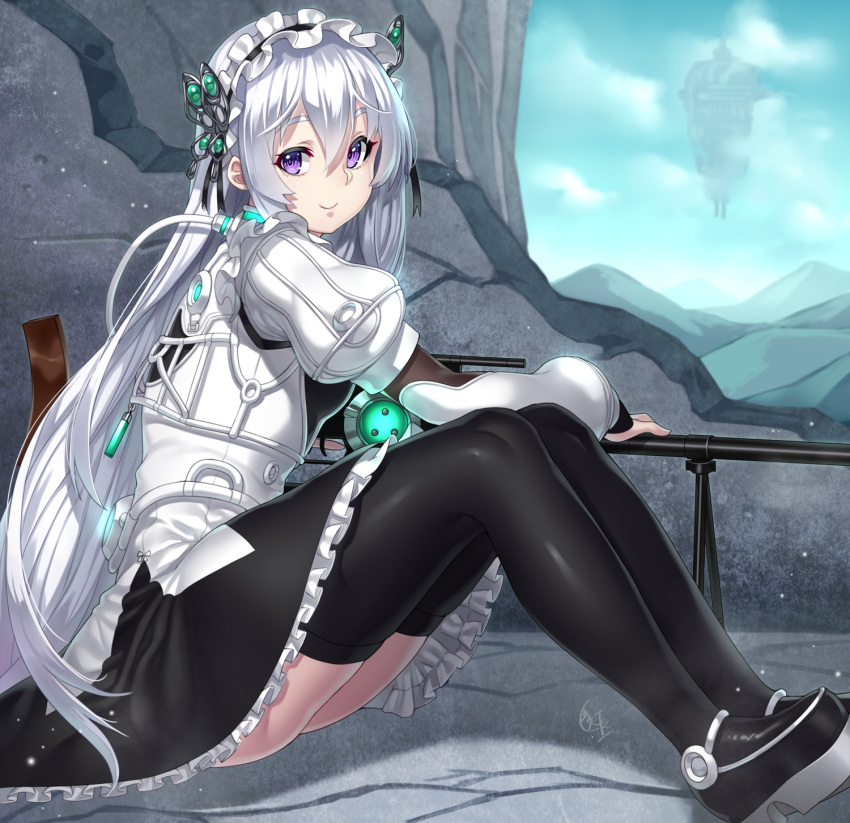 1girl armor black_legwear butterfly_hair_ornament chaika_trabant hair_ornament hairband highres hitsugi_no_chaika houtengeki juliet_sleeves lolita_hairband long_hair long_sleeves looking_at_viewer puffy_sleeves silver_hair sitting smile solo thigh-highs very_long_hair violet_eyes