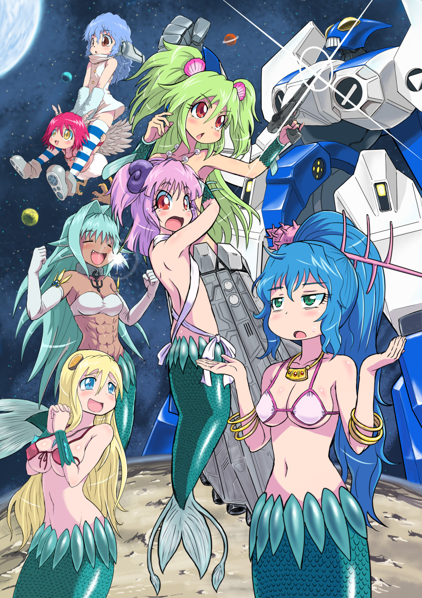 abs absurdres alien bird character_request chicken crossover cyborg energy_gun giantess heika_(heikahp) highres hybrid kikou_souseiki_mospeada legioss lens_flare mecha mermaid monster_girl multiple_girls mutant namiuchigiwa_no_muromi-san parody ray_gun redesign riding space tagme weapon