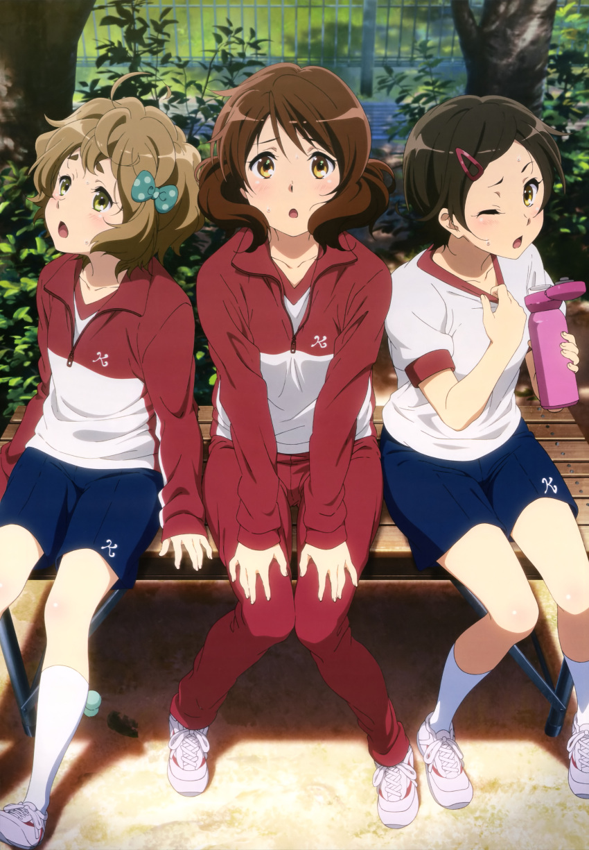 3girls absurdres bike_shorts brown_hair gym_uniform hibike!_euphonium highres katou_hazuki kawashima_sapphire legs multiple_girls nyantype official_art oumae_kumiko short_hair