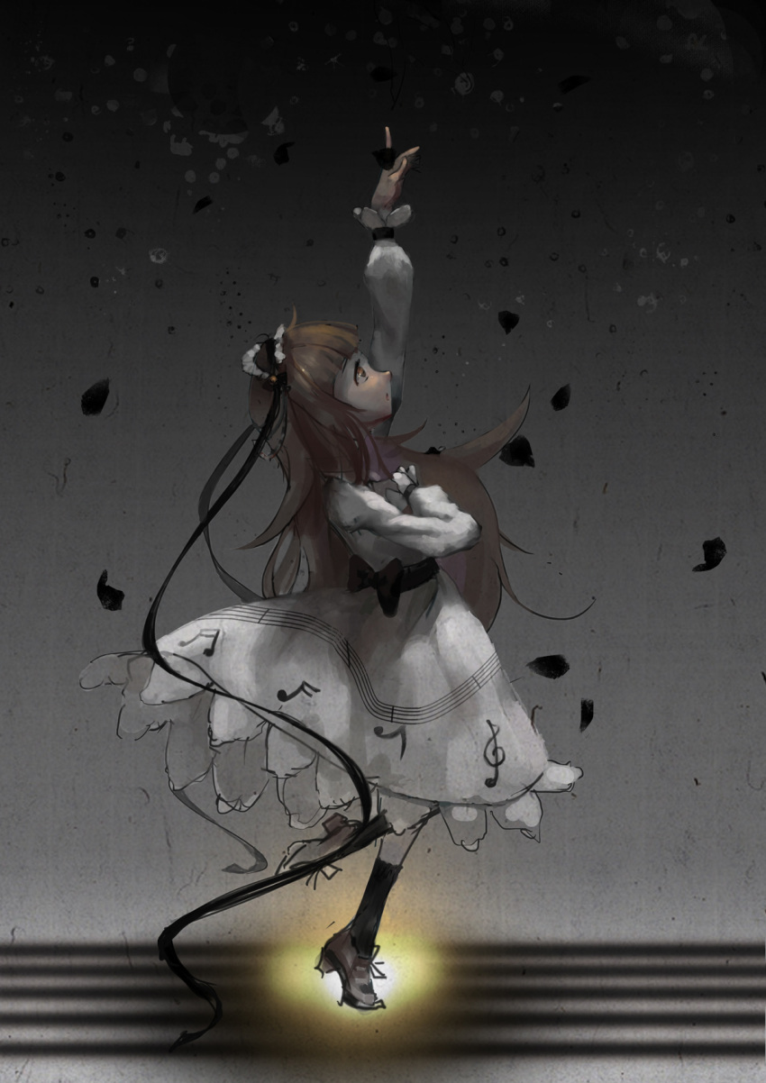 1girl arched_back deemo dress full_body girl_(deemo) highres looking_up musical_note outstretched_arm reaching solo standing_on_one_leg white_dress zxc00016