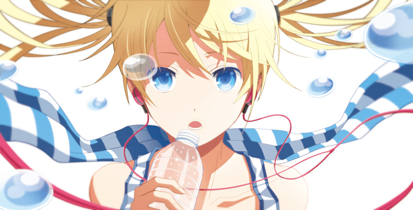 1girl blonde_hair bottle collarbone earphones face ing_(artist) looking_at_viewer open_mouth original solo striped tank_top twintails water_bottle water_drop