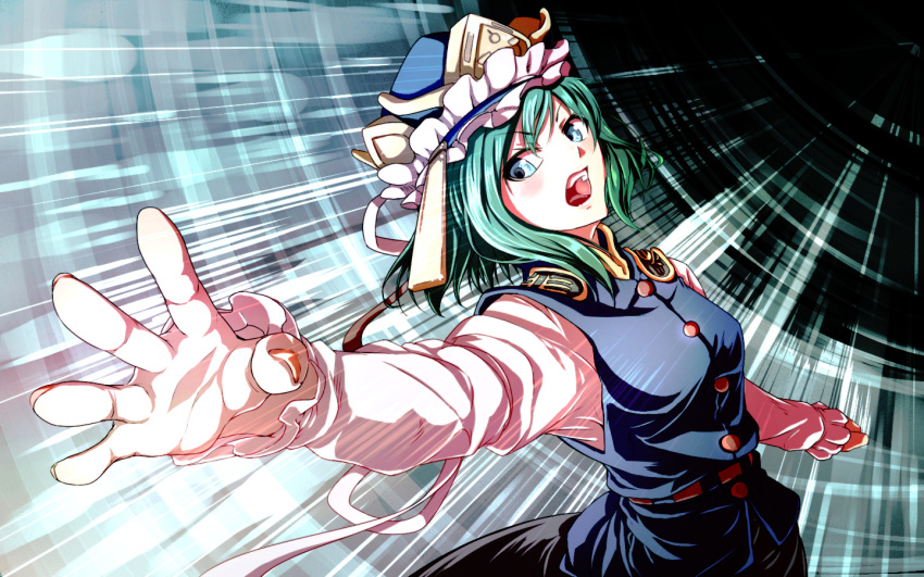 1girl angry epaulettes fingernails furim green_eyes green_hair hat light_trail long_sleeves looking_at_viewer open_mouth outstretched_arms reaching shiki_eiki short_hair solo spread_arms touhou vest