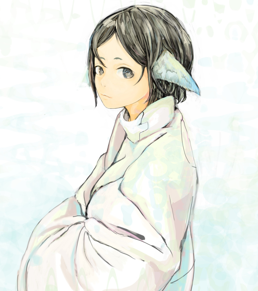 1girl absurdres animal_ears black_hair grey_eyes highres hiranko looking_at_viewer original short_hair simple_background solo traditional_clothes white_background