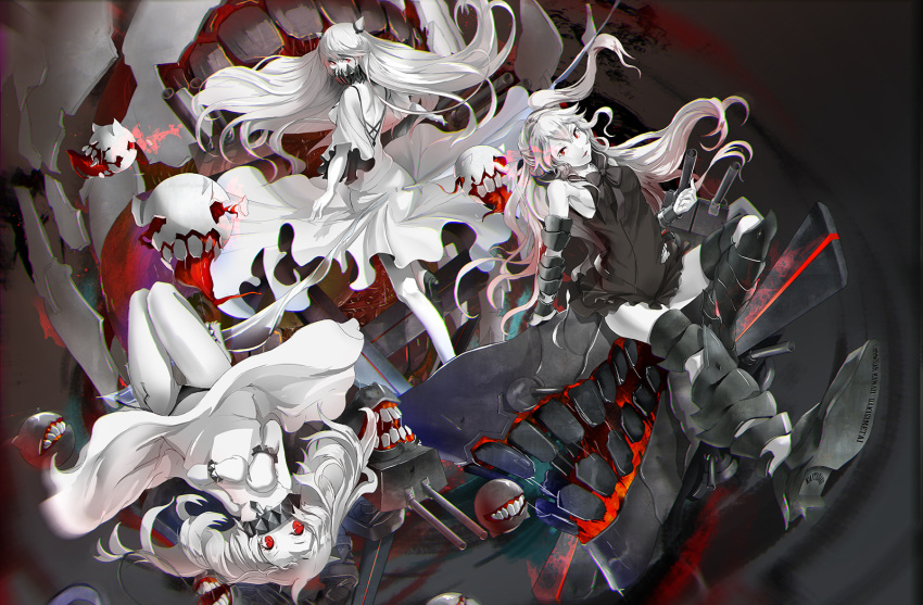 3girls ahoge aircraft_carrier_oni aqua_sau black_panties covered_mouth dress gauntlets highres horns kantai_collection long_hair looking_at_viewer machinery midway_hime mittens multiple_girls northern_ocean_hime panties parted_lips red_eyes shinkaisei-kan side_ponytail smile turret underwear white_dress white_hair white_skin